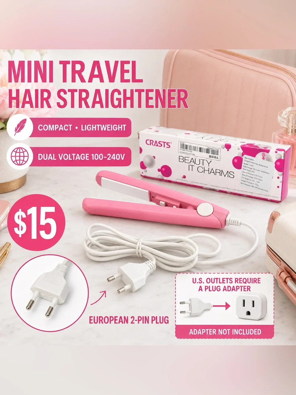 🩷. Pink Mini Travel Hair Straightener - Compact Portable Styler